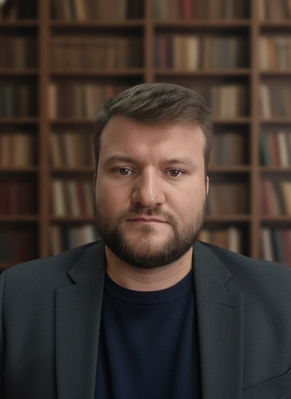 Портрет юриста в кабинете с книжными полками